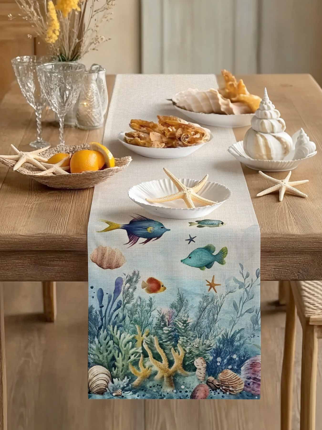 Cartoon Fish Summer Ocean Coral Table Runner 13x90in Non-Slip Cotton ...