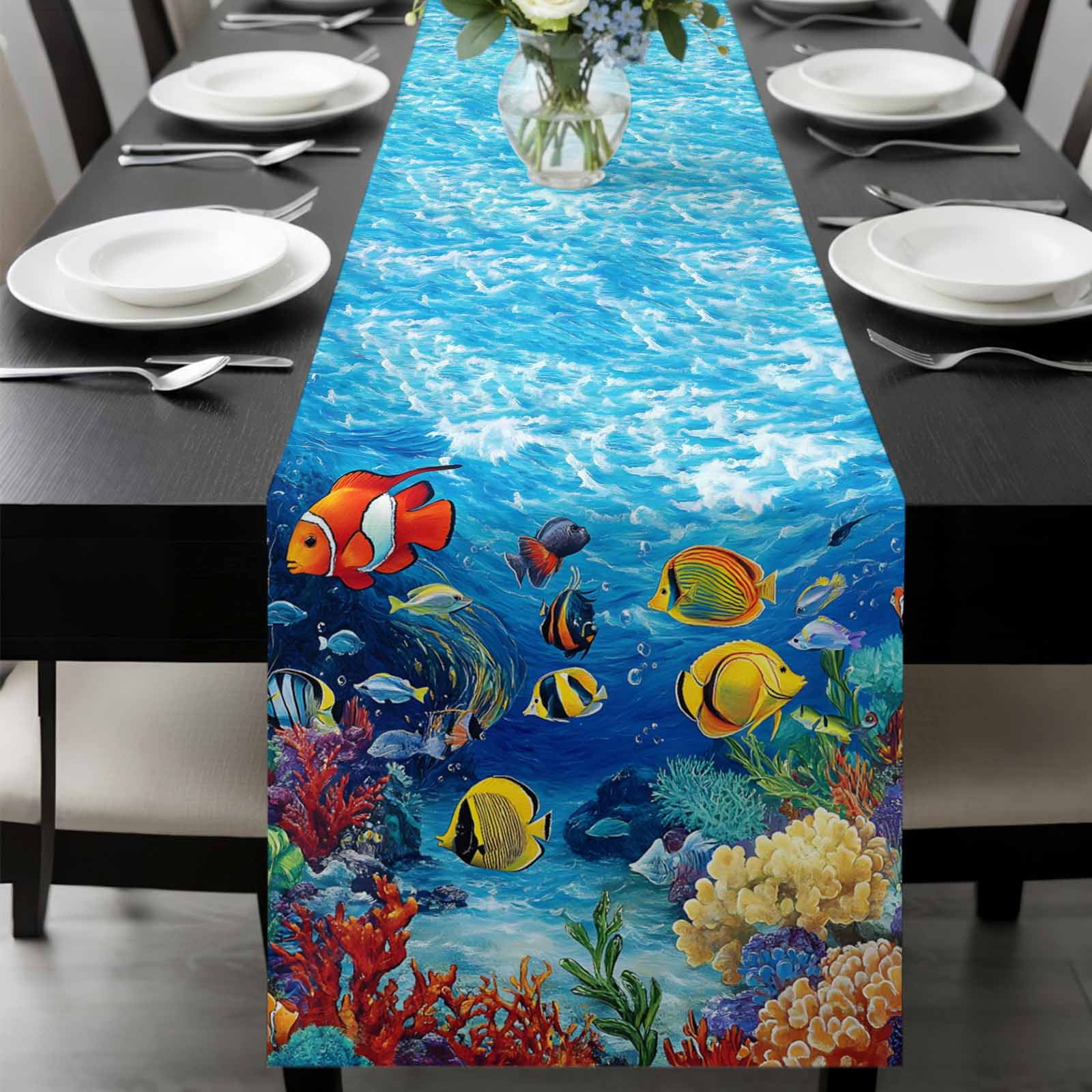 Cartoon Fish Table Runner 72 Inches Long, Blue Colorful Sea Ocean ...