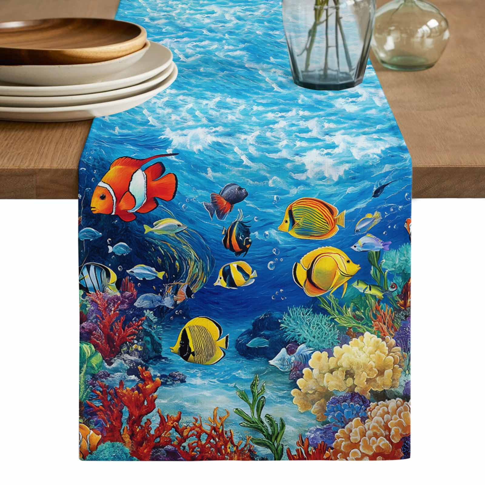 Cartoon Fish Table Runner, Blue Colorful Sea Ocean Seagrass Coral ...