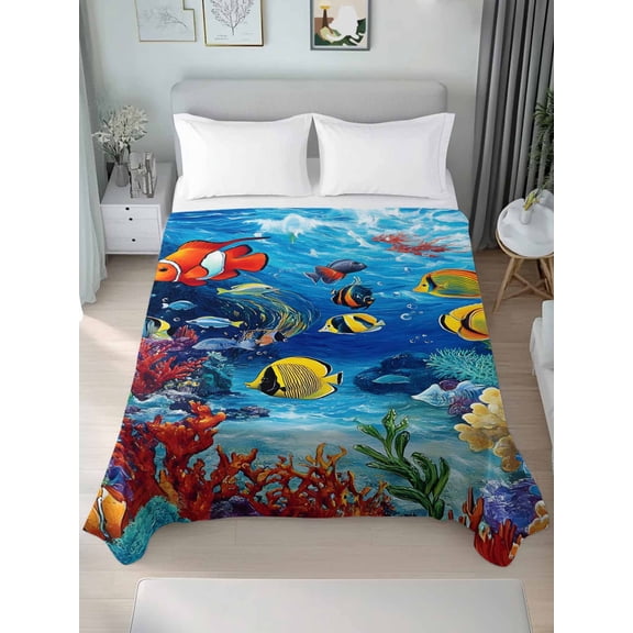 Cartoon Fish Twim Size Flat Sheet, Wrinkleproof & Fadeproof Cooling Flat Bed Sheet Only, Blue Colorful Sea Ocean Seagrass Coral Breathable Soft Bedding Top Sheets 66 x 96 Inches