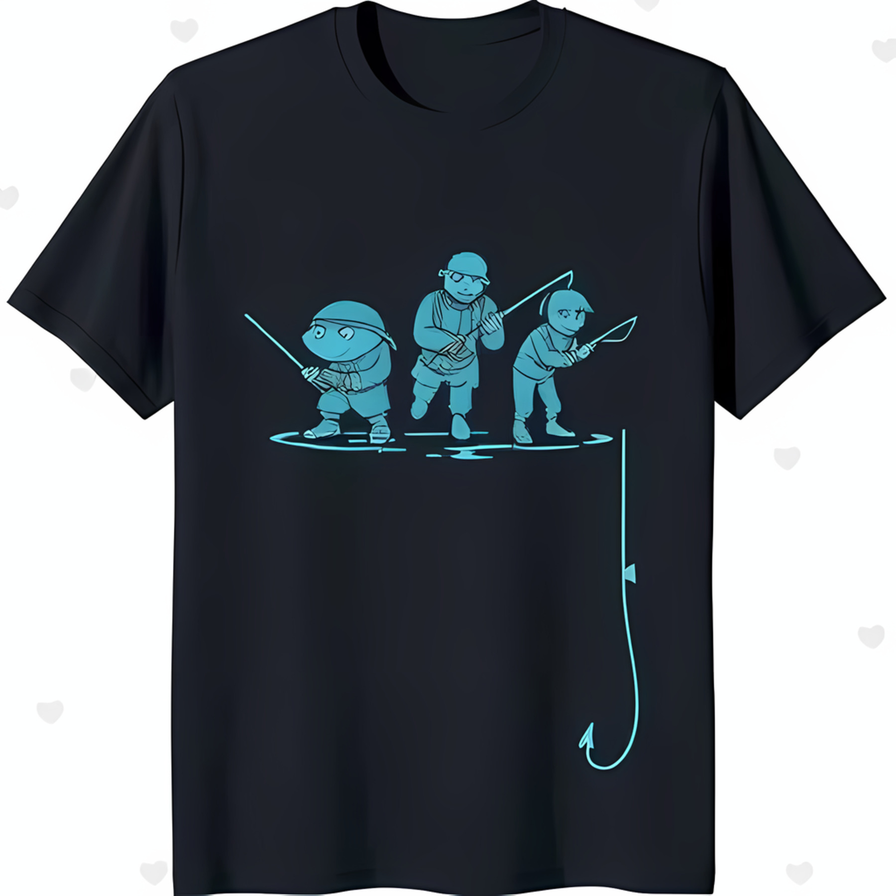 Cartoon Fishermen Graphic Black TShirt Fun Design with Three
