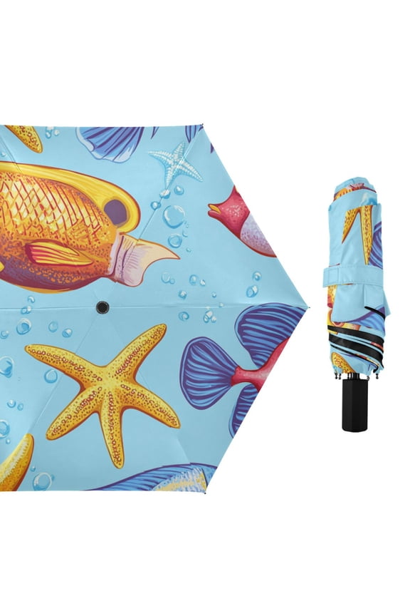 Cartoon Fishes Starfishes Bubbles All Weather Umbrella Triple Folding Parasol 6 Ribs UV Protection Portable