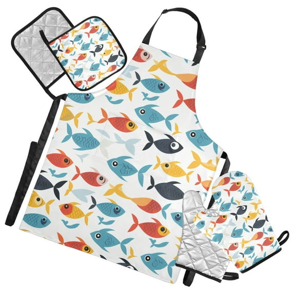 Cartoon Fishes Swimming 5 Pcs Kitchen Set Heat Resistant Oven Mitts and Non-Slip Pot Holders with Adjustable Cooking Apron