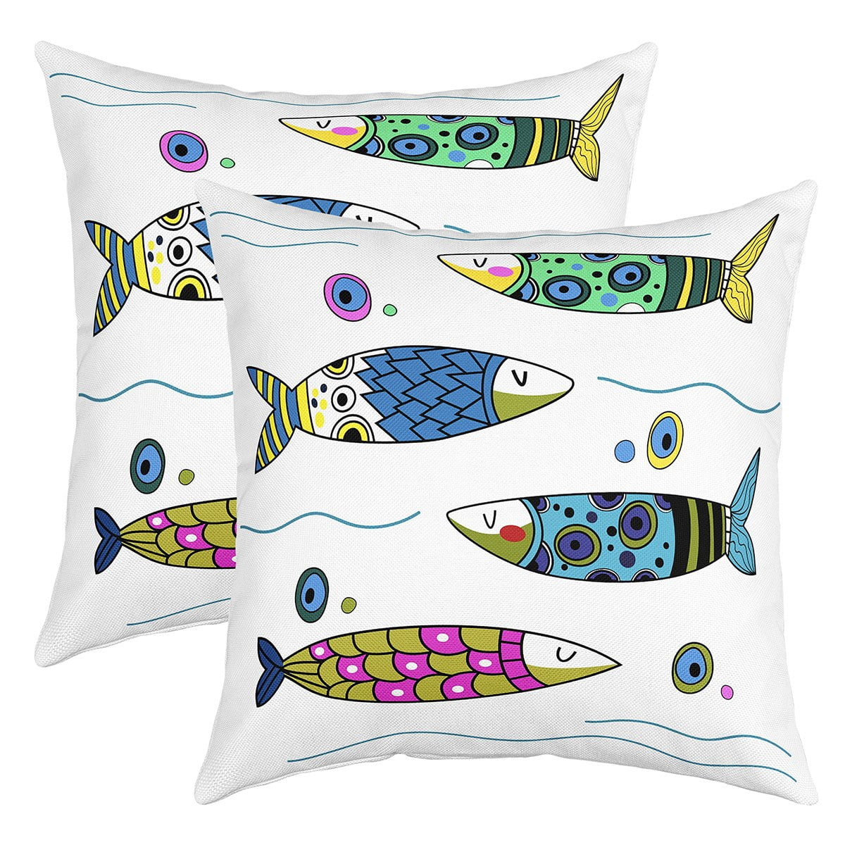 Cartoon Fishes Throw Pillow Covers 20x20 Inch Set of 2, Colorful Fish