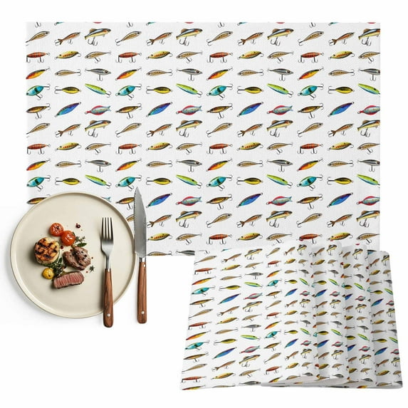 Cartoon Fishing Bait Hook Placemats Set of 12, Colorful Fishes White Table Mats Washable Heat-Insulation Non-Slip Place Mats for Kitchen Dinner Table Indoor Outdoor Decor,13x19 Inch