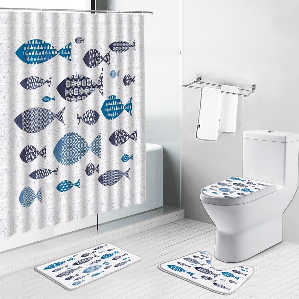 Cartoon Fishs Ocean Animals Shower Curtains Set Child Baby Bathroom