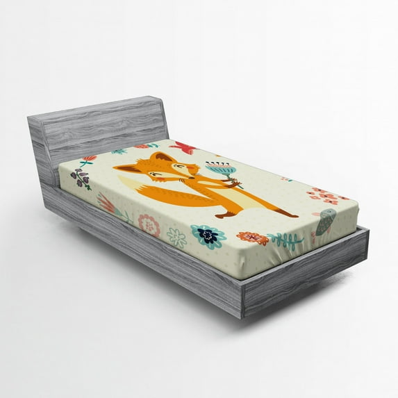 Ambesonne Cartoon Fitted Sheet, Animal with Floral, Twin Size, Almond Green Eggshell