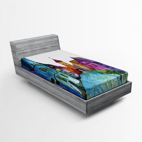 Cartoon Fitted Sheet, European Scenery with Pastel Colors and Road Aged Old Architecture Image Print, Soft Decorative Fabric Bedding, Twin Size, Multicolor, by Ambesonne