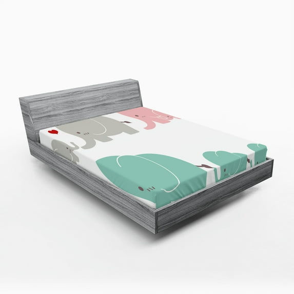 Cartoon Fitted Sheet, Family Love Theme Elephants Mother's Day Theme, Decorative Soft Bedding All-round Elastic Pocket, King Size, Pale Pink Seafoam Grey, by Ambesonne