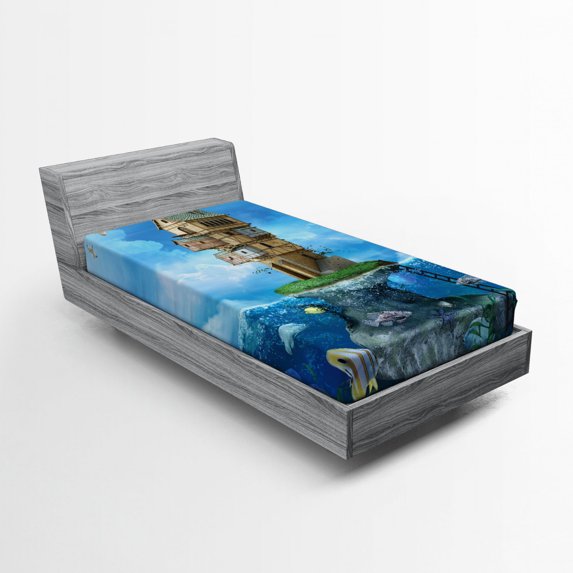 Ambesonne Cartoon Fitted Sheet, Fantasy Fisherman House, Twin Size, Blue Brown Green