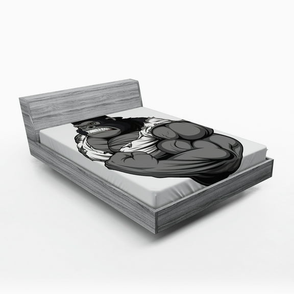 Cartoon Fitted Sheet, Image of Big Gorilla Like as Professional Athlete Bodybuilding Gym Animal, Soft Decorative Fabric Bedding, Queen Size, Black White Grey, by Ambesonne