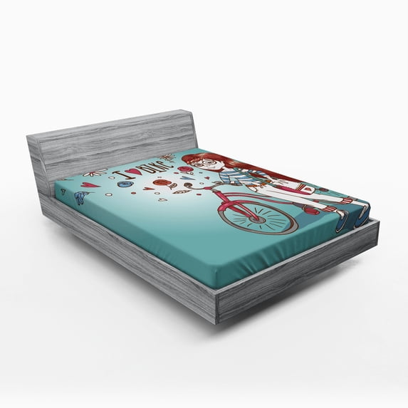 Ambesonne Cartoon Fitted Sheet, Girl with Bike, Full Size, Dried Rose and Pale Blue