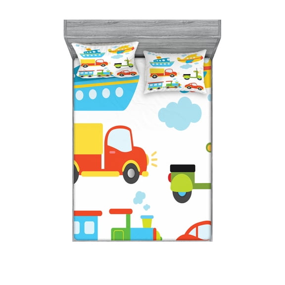 Cartoon Fitted Sheet & Pillow Sham Set, Abstract Transportation Types Car Ship Truck Scooter Train and Aeroplanes, Decorative Printed 6 Piece Bedding Decor Set, Calking, Multicolor, by Ambesonne