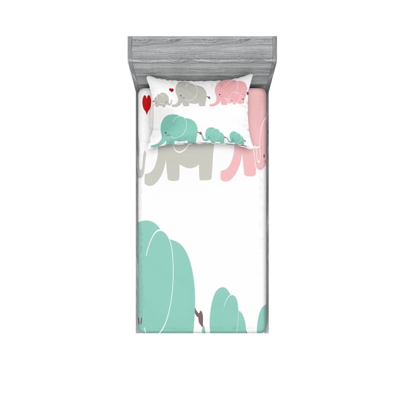 Cartoon Fitted Sheet & Pillow Sham Set, Family Love Theme Elephants Mother's Day Theme, Decorative Printed 4 Piece Bedding Decor Set, Twin, Pale Pink Seafoam Grey, by Ambesonne