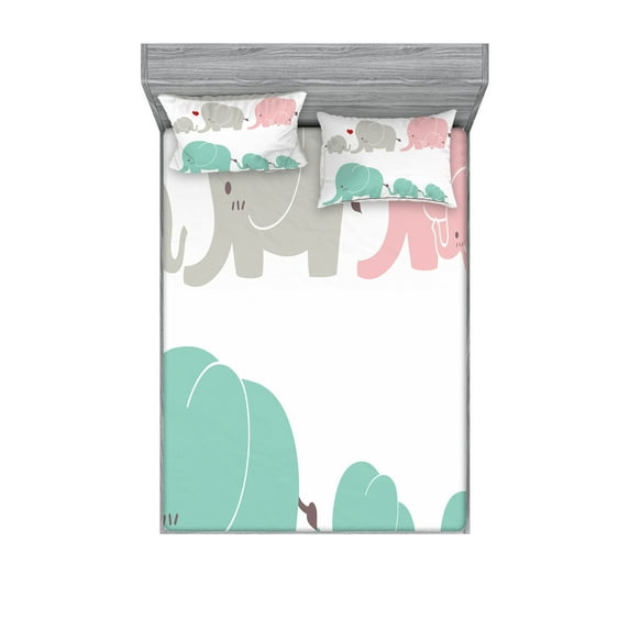 Cartoon Fitted Sheet & Pillow Sham Set, Family Love Theme Elephants Mother's Day Theme, Decorative Printed 6 Piece Bedding Decor Set, Queen, Pale Pink Seafoam Grey, by Ambesonne