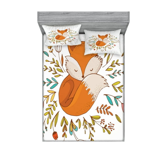 Cartoon Fitted Sheet & Pillow Sham Set, Fox Sleeping in a Floral Made Bed Circle Art Print, Decorative Printed 6 Piece Bedding Decor Set, Full, Dark Orange White, by Ambesonne
