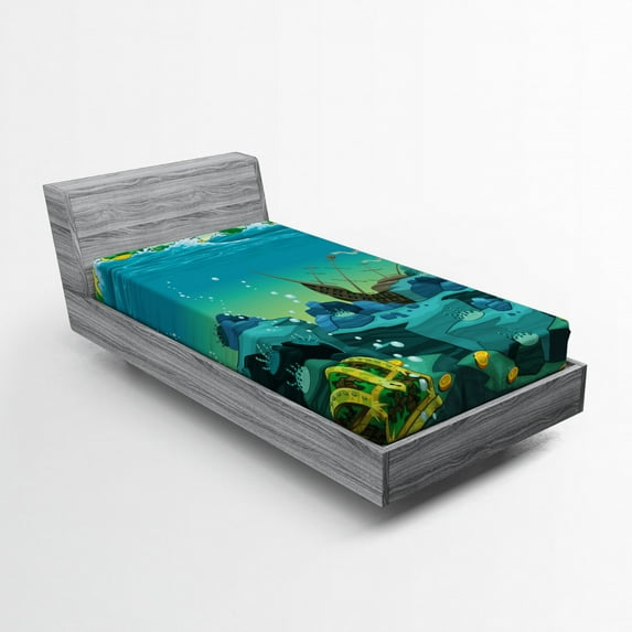 Cartoon Fitted Sheet, Seascape Underwater Treasure Galleon and Sunk Ship Pirate Kids Print, Soft Decorative Fabric Bedding, Twin Size, Teal and Yellow, by Ambesonne