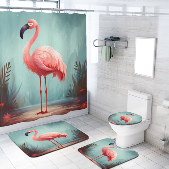 Cartoon Flamingo 4 Pcs Shower Curtain Set Summer Tropical Palm Tree Floral with 12 Hooks, Bath Mat Set Bathroom Decor by Durable Waterproof Fabric, 72x72 Inch