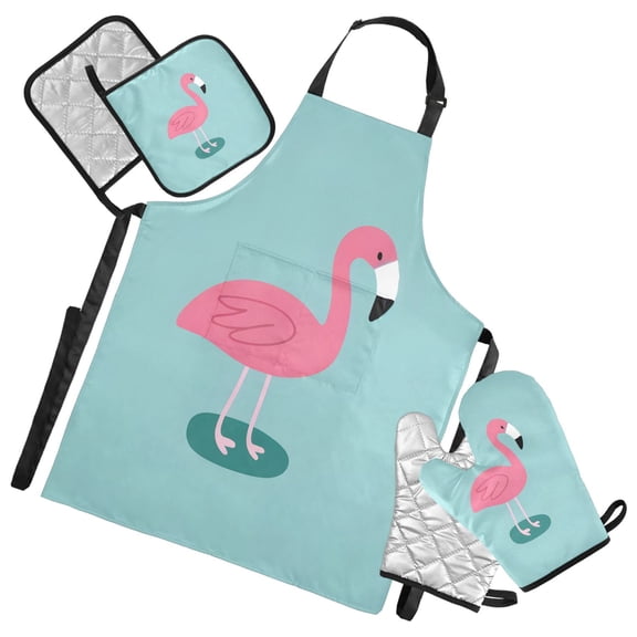 Cartoon Flamingo 5 Pcs Kitchen Set Heat Resistant Oven Mitts and Non-Slip Pot Holders with Adjustable Cooking Apron
