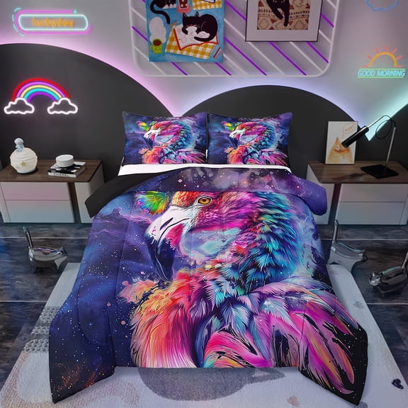 Cartoon Flamingo King Comforter Set Tropical Animal Bedding Set King , Psychedelic Galaxy Stars Bedding Comforter Sets Rainbow Graffiti Duvet Set, Trippy Nebula Cosmos Quilted Comforter