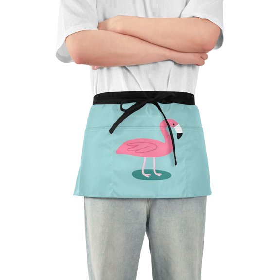 Cartoon Flamingo Server Apron with 3 Pockets Waterproof Waitress Waist Short Apron for Man Woman 12 Inches