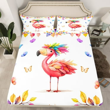 Cartoon Flamingo Twin Fitted Sheet Cute Animal Bedding, Kawaii Woodland Wildlife Bed Sheets Multicolor Leaves Bed Cover, Girly Butterfly Bed Set (Deep Pocket) （No Top Sheet）