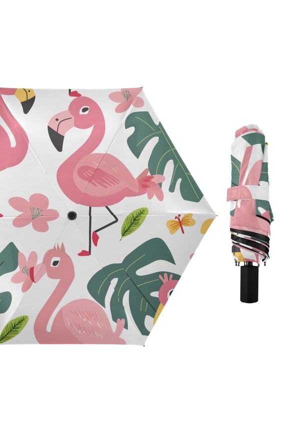 Cartoon Flamingos Flowers Butterflies Leaves All Weather Umbrella Triple Folding Parasol 6 Ribs UV Protection Portable