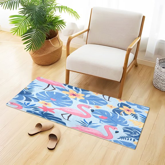 Cartoon Flamingos Flowers Palm Leaves Plush Carpet Non Slip Runner Rug Absorbent Bath Mat 39" x 20"