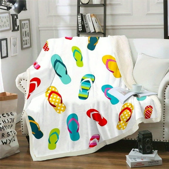 Cartoon Flip Flops Fleece Blanket Kawaii Slippers Sherpa Blanket, Summer Holiday Theme Blanket Hawaii Farmhouse Throw Blanket for Sofa