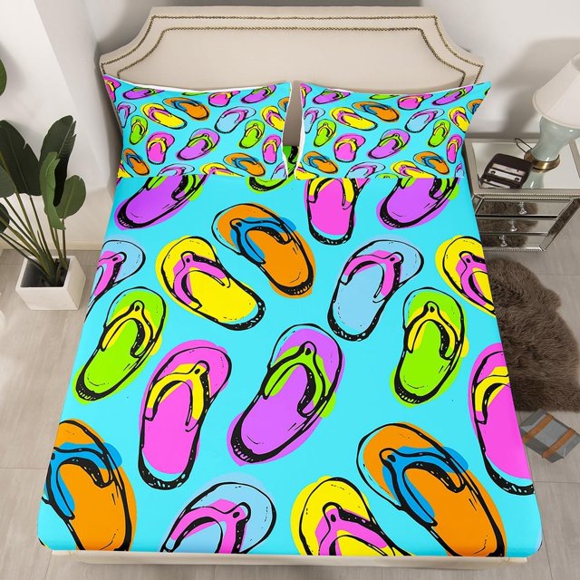 Cartoon Flip Flops Sheet Set For Kids Teens Hawaiian Beach Full Size