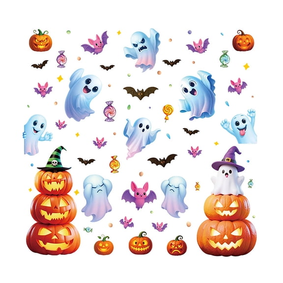 Cartoon Floating Ghost Halloween Static Decal Set, Triple-Layer Pumpkin Witch Ghost Static Adsorption Window Stickers Indoor Fall Holiday Kids Decor Supplies