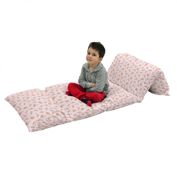 Cartoon Floor Pillow Lounger Cover, Pattern with Flying Fairies Setting on Moon Riding Swan Stick, Nap Mat Printed Fabric Case for 5 Pillows, 88" x 27", Rose Earth Yellow Pink, by Ambesonne