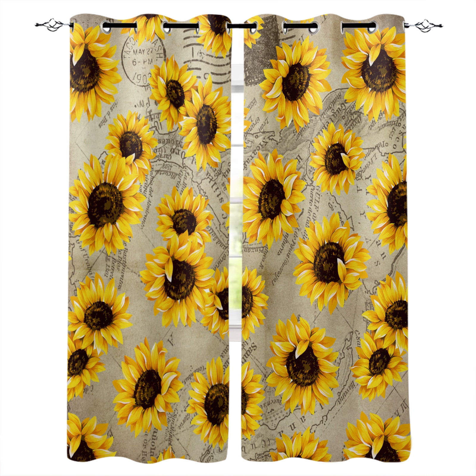 Cartoon Floral Sunflower Room Curtains Large Window Curtain Rod Living