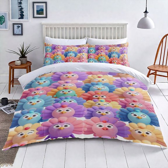 Cartoon Flower Chicks Queen Comforter Set 3 Pieces 90x90 Inch, Cute Colorful Chick Bedding, Soft Cozy Teens Adults Comforter For Bedroom Home