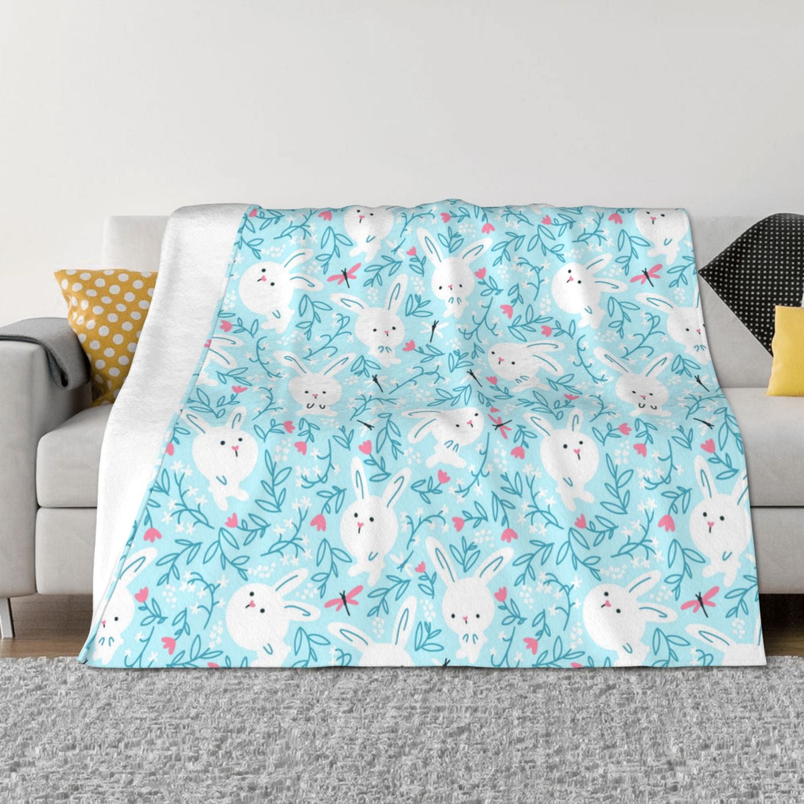 Cartoon Flower Cute Rabbit White Throw Blanket for Couch, Soft Fuzzy