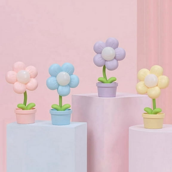 Cartoon Flower Night Light Battery Operated,Bedside Lamp Adjustable Cute Kids Bedroom Decor Pink