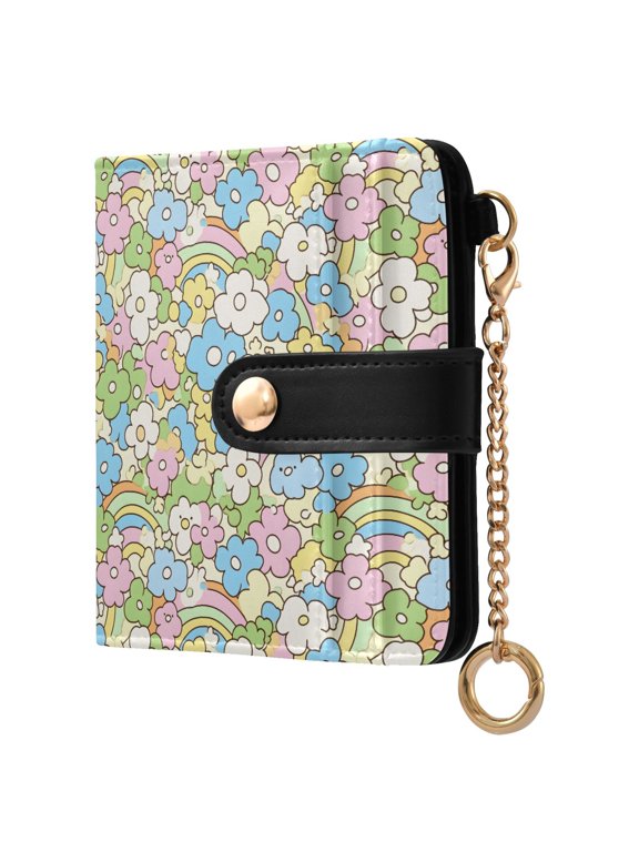 Cartoon Flower Rainbow Small Wallet for Women RFID Blocking Bifold PU Leather Credit Card Holder with Zipper Coin Pocket Compact Cute Travel Purse Magnetic Snap 7 Card Slots