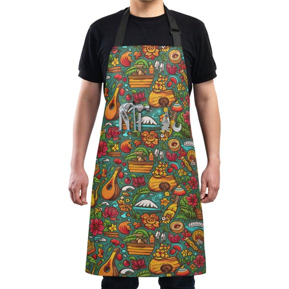 Cartoon Flower and Guitar Kitchen Apron with 2 Pockets Adjustable waterproof Cooking Aprons for Women Men Chef