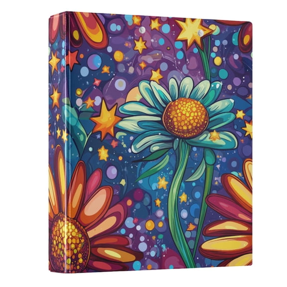 Cartoon Flower and Star Hardcover 3 Ring Binder 1.5” Round Rings Letter Size Paper Pockets for School Office Supplies