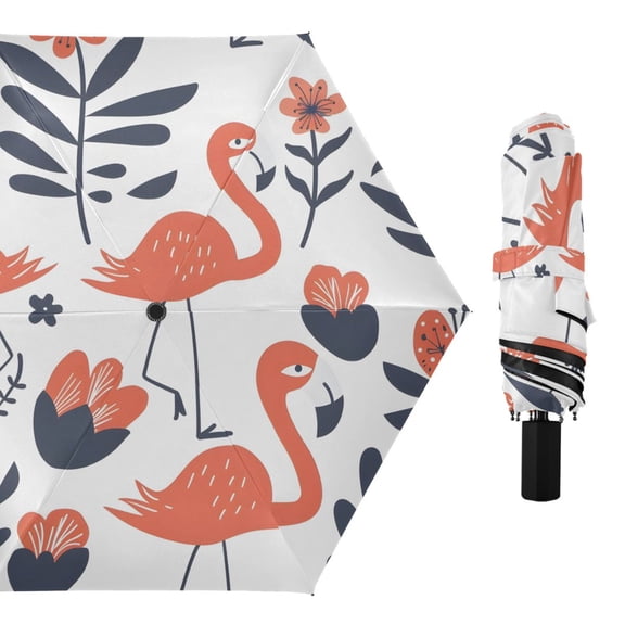 Cartoon Flowers Flamingos Leaves All Weather Umbrella Triple Folding Parasol 6 Ribs UV Protection Portable
