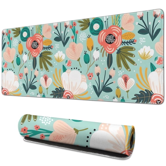 Cartoon Flowers with a Green Background pad Mousewaterproofwashable for Office Home Work GamingmousepadsRubber Base Mousepad with Stitched Edges 31.5x11.8inches