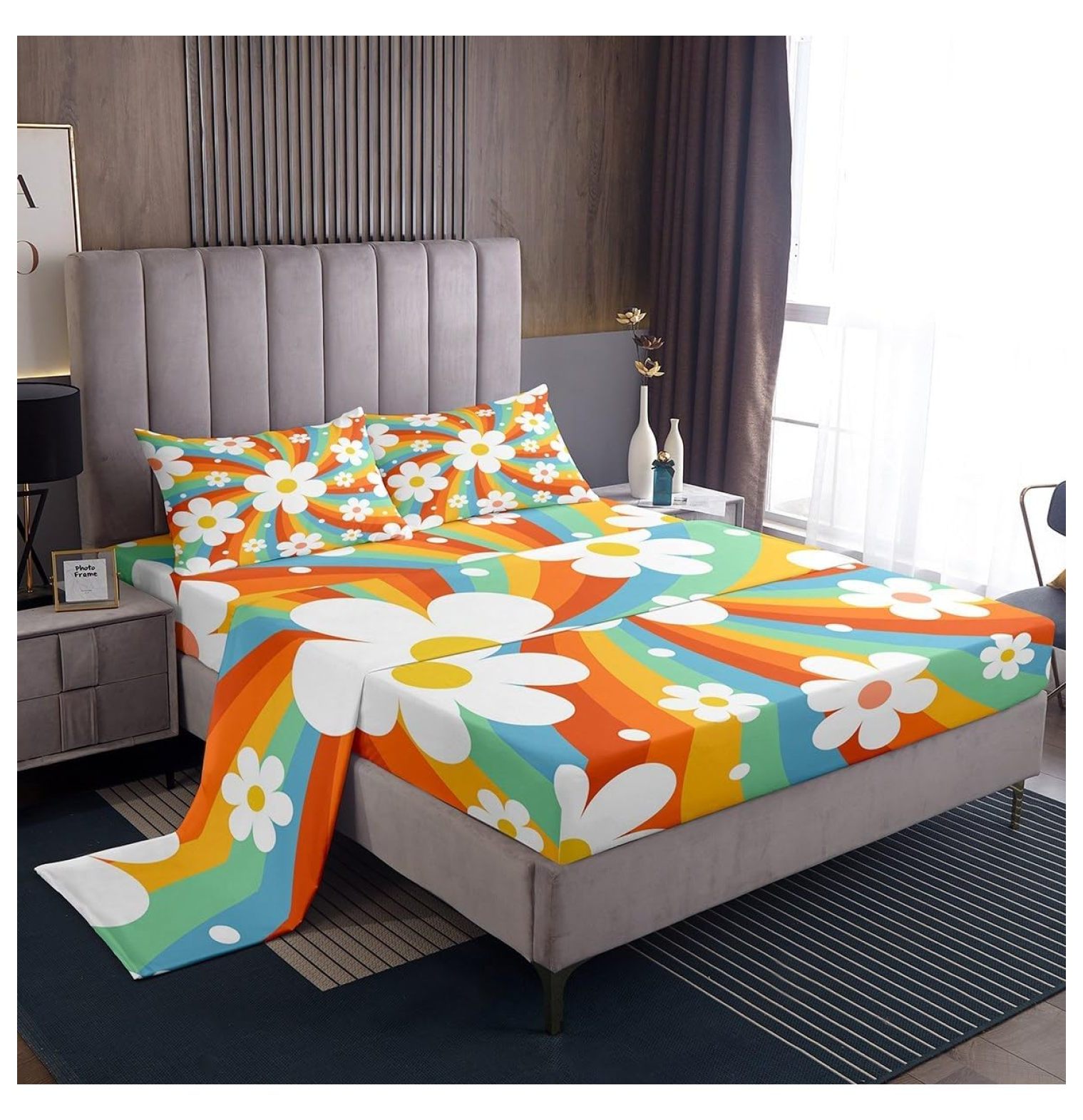 Cartoon Flowers Sheet Set Kids Boys Girls Colorful Stripes Fitted