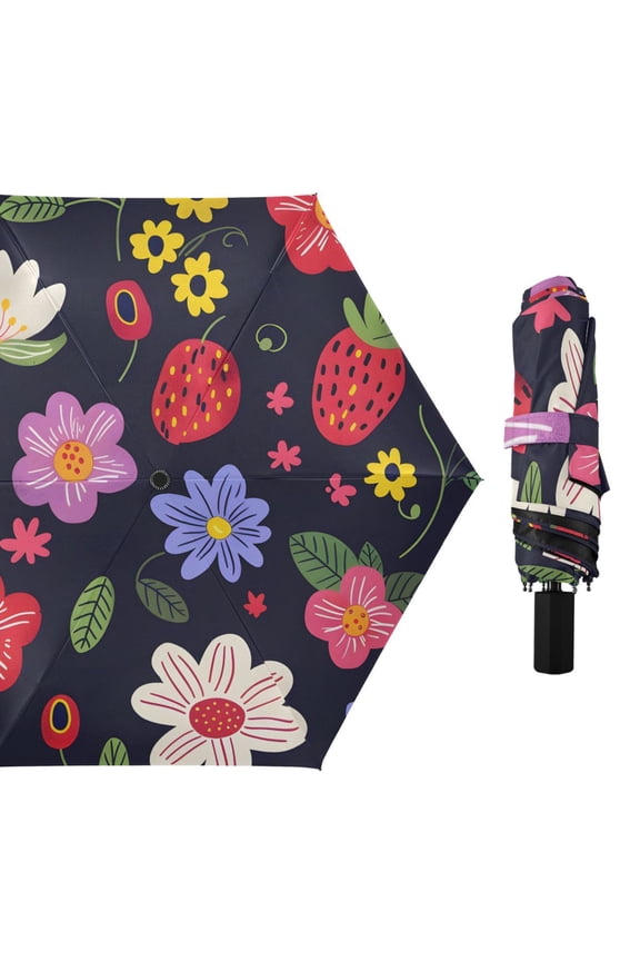Cartoon Flowers Strawberries All Weather Umbrella Triple Folding Parasol 6 Ribs UV Protection Portable