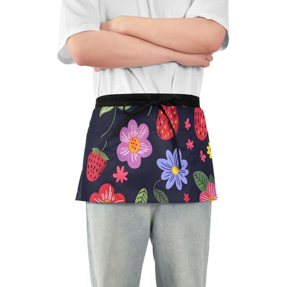 Cartoon Flowers Strawberries Short Server Apron with 3 Pockets for Unisex Chef Gardening