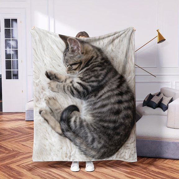 Cartoon Fluffy Kitten Design Digital Printed Blanket Autumn Winter Soft Warm Blanket Nap Blanket for Home Bedroom School Dormitory Office Nap