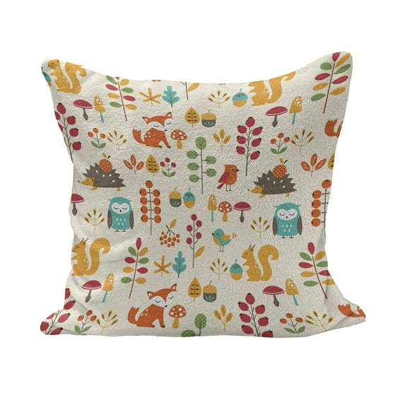 Cartoon Fluffy Throw Pillow Cushion Cover, Autumn Pattern Owl Fox Squirrel Birds Animal Leaves Print, Decorative Square Accent Pillow Case, 36" x 36", Multicolor, by Ambesonne