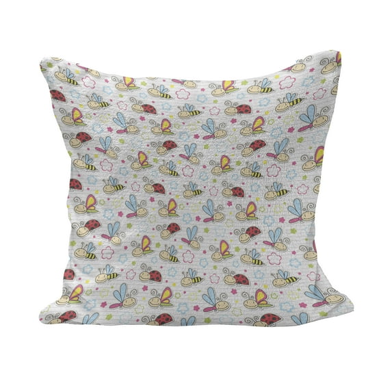 Cartoon Fluffy Throw Pillow Cushion Cover, Bugs with Colorful Flowers Ladybugs Dragonflies Bees Animal Fun, Decorative Square Accent Pillow Case, 24" x 24", Pale Blue Pink Red, by Ambesonne