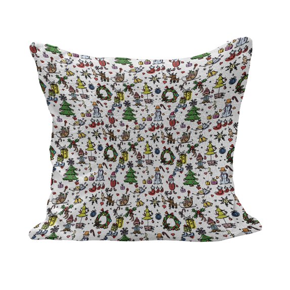 Cartoon Fluffy Throw Pillow Cushion Cover, Christmas Concepts Drawn in Style Santa Snowman Presents Mistletoe, Rectangle Accent Pillow Case, 36" x 16", Multicolor, by Ambesonne