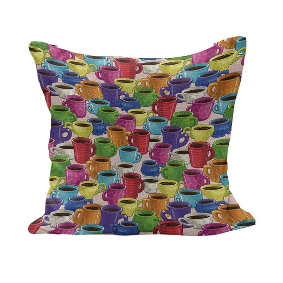 Cartoon Fluffy Throw Pillow Cushion Cover, Colorful Vivid Vibrant Coffee House Inspired Modern Vintage Retro Mugs Cups Print, Decorative Square Accent Pillow Case, 20" x 20", Multicolor, by Ambesonne