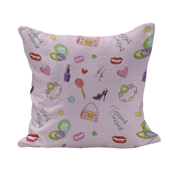 Cartoon Fluffy Throw Pillow Cushion Cover, Girls Illustration with Fashion Accessories and Makeup Lollipop Flower Print, Decorative Square Accent Pillow Case, 36" x 36", Multicolor, by Ambesonne